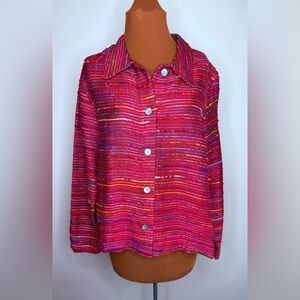 Coldwater Creek Cranberry Vibrant Multicolor Silk Striped Top Size Medium